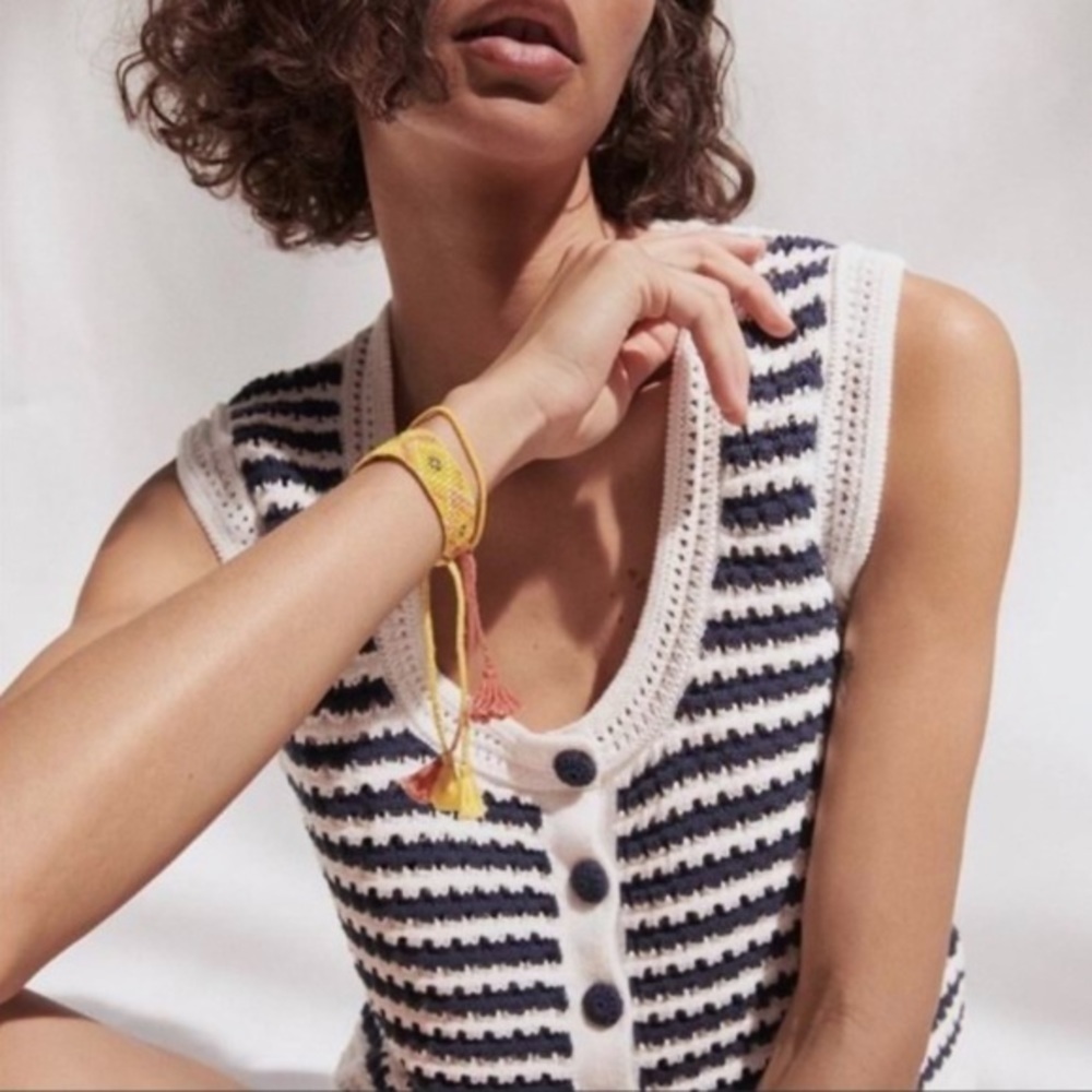 Zara Boho Striped Knit Crochet Coastal Grandma Nautical Cropped Cottagecore Vest - Picture 2 of 11